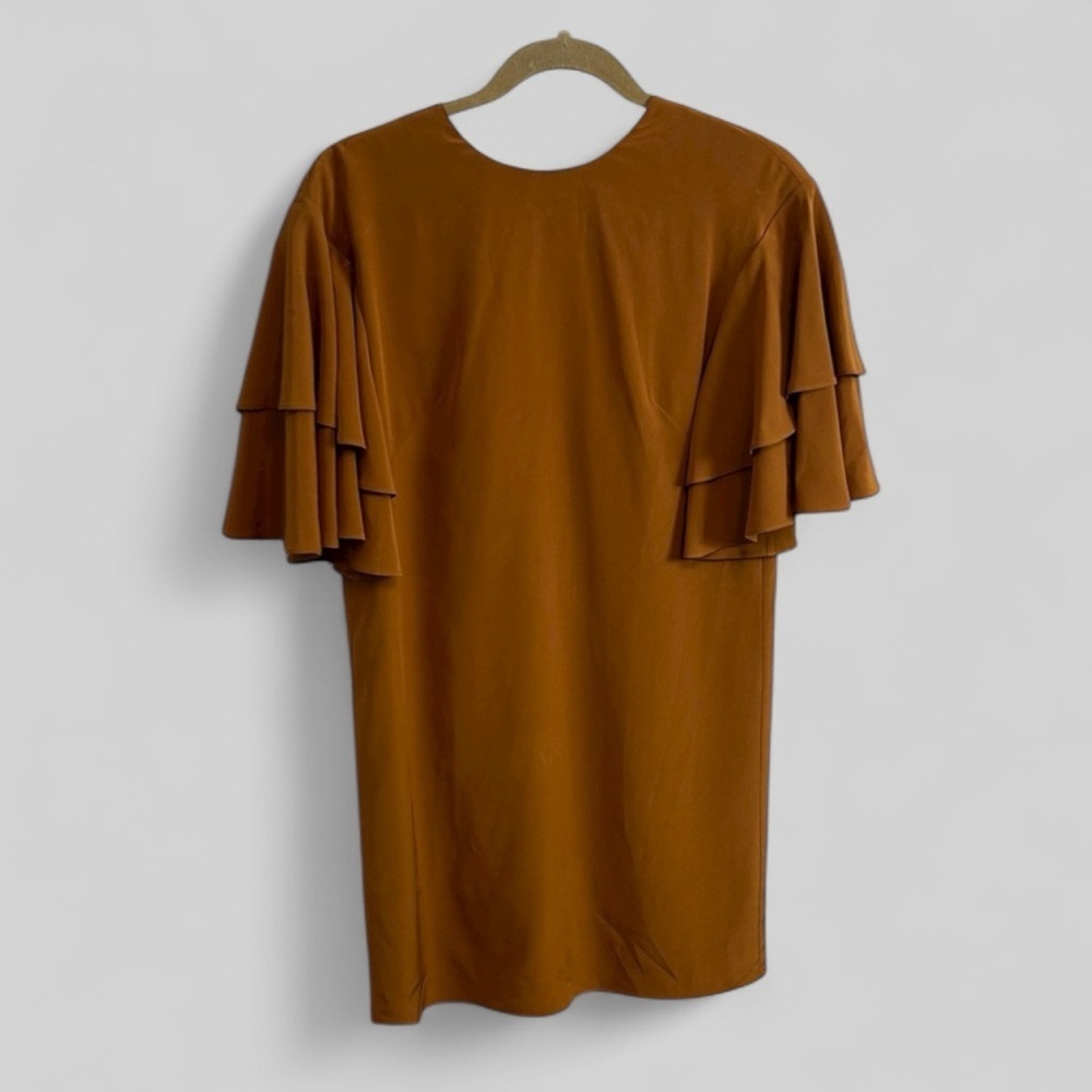 Tibi ruffle sleeve deep brown silk mini dress size 2 old money preppy trad wife